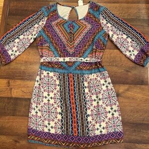 Bohemian Boho Mini Dress Women's Colorful Pink Owl 3/4 Women’s Size Small